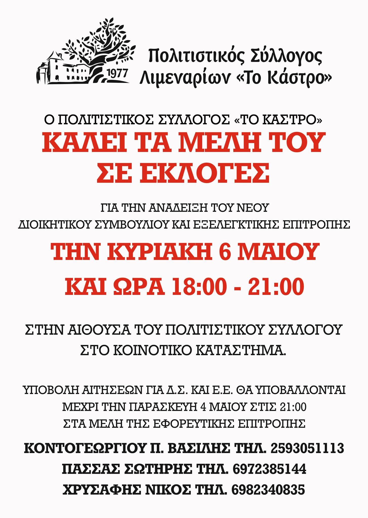 Αποτελέσματα εκλογών 6/5/2018 του πολιτιστικού συλλόγου Λιμεναρίων “ΤΟ ΚΑΣΤΡΟ”.