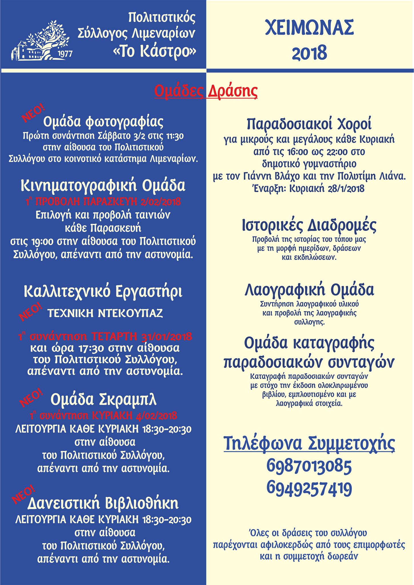 Πρόγραμμα εργαστηρίων για τον χειμώνα 2018 από τον Πολιτιστικό Σύλλογο Λιμεναρίων “Το Κάστρο”.